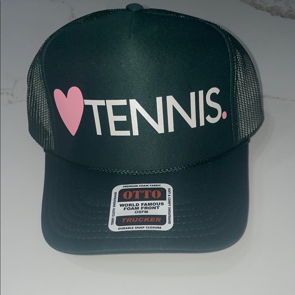 LOVE TENNIS Dark Green Trucker Hat with Pink Heart